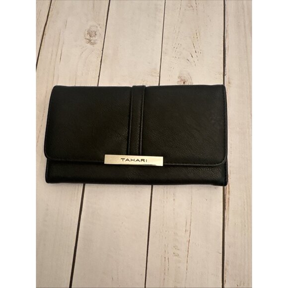 Tahari Black Womens Faux Leather Trifold Wallet Identity Protect Lining 8x5” EUC - Picture 1 of 6